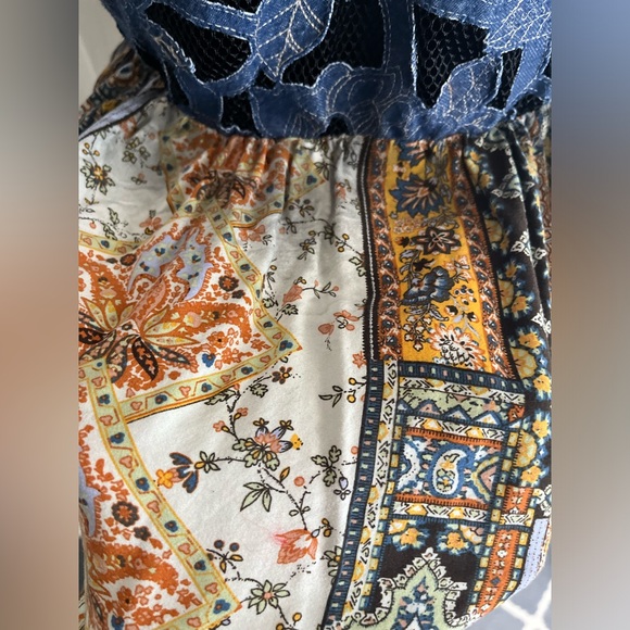 Unique Denim Embroidered Button Down + Silk Multi-Patterned Tunic **Size M** - Picture 4 of 6